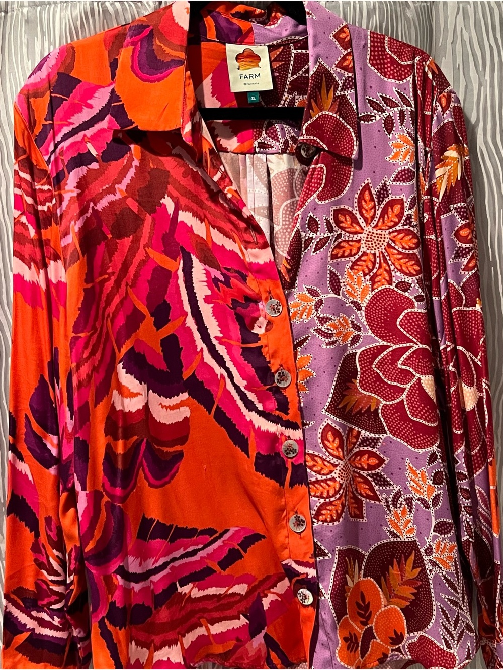 Farm Rio Lilac Mixed Prints Shirt ~ XL - Stunning Color Combo / Excellent Cond